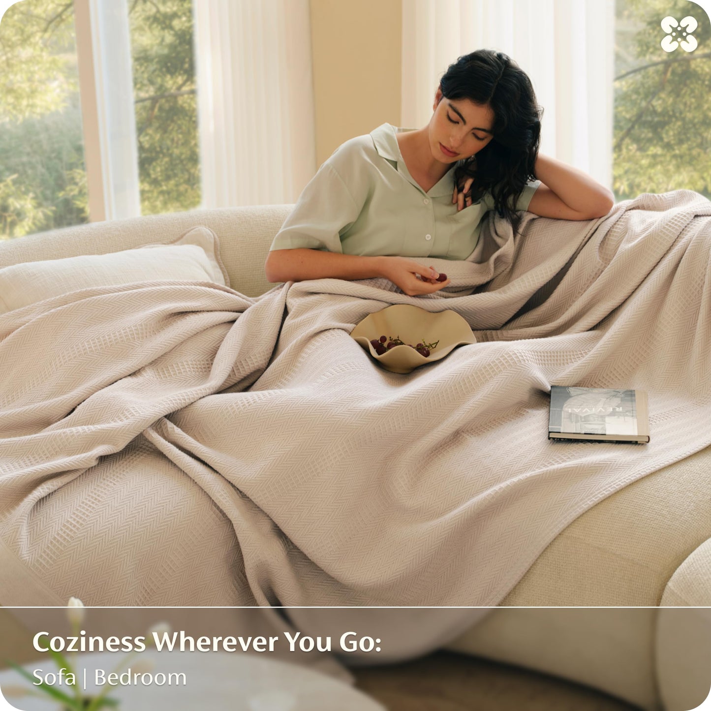 Bedsure 100% Certified Organic Cotton Blanket - Queen Size, Soft & Breathable Luxury Blankets for Bed, All Seasons Waffle & Herringbone PureWoven Textured Thermal Blanket for Adults, Kids, Beige
