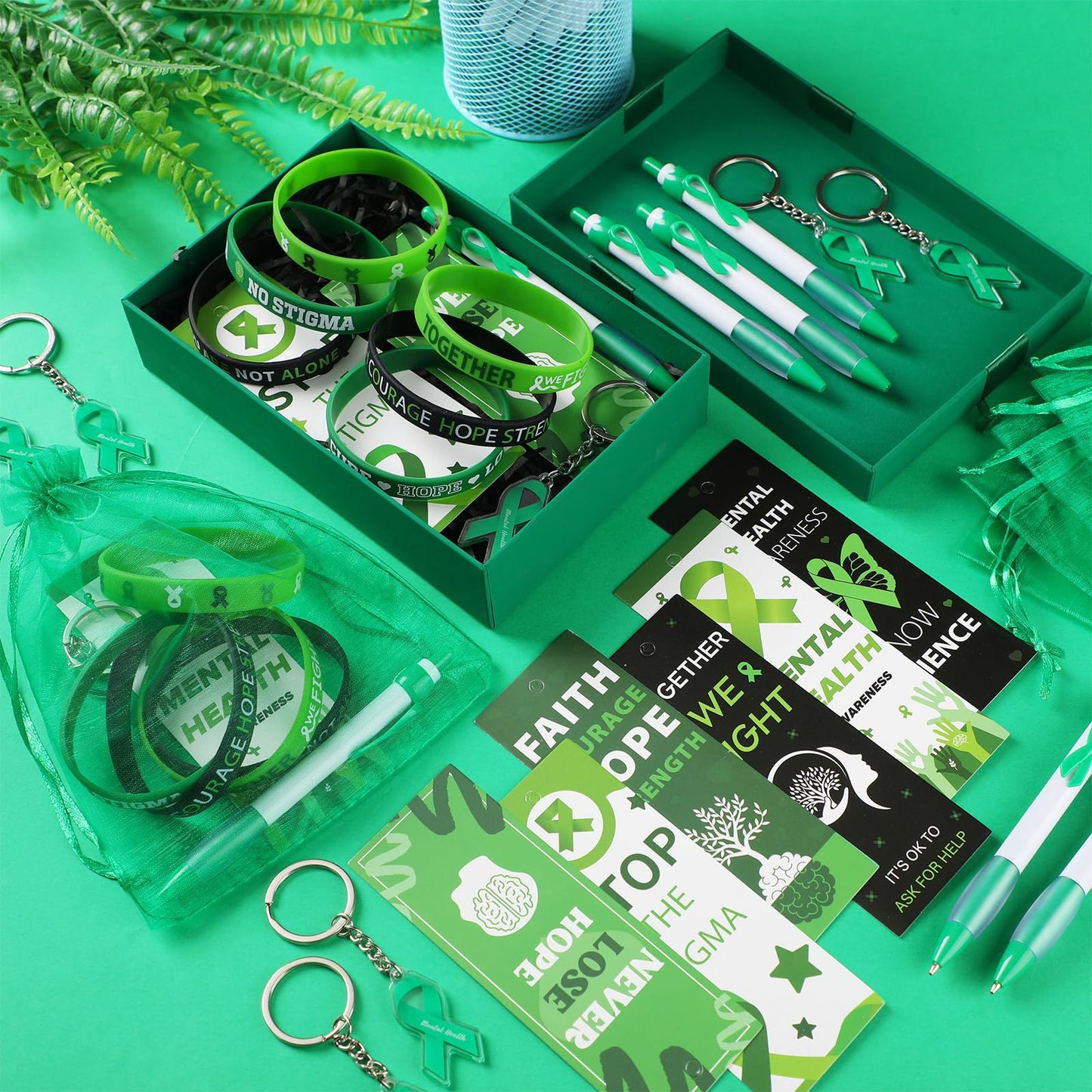 Fullhawl 120 Pcs Mental Health Awareness Gift Set Include Mental Health Pens Green Ribbon Silicone Bracelets Wristbands Bookmark Keychain Green Organza Bag for Office Public Charity Events Supplies