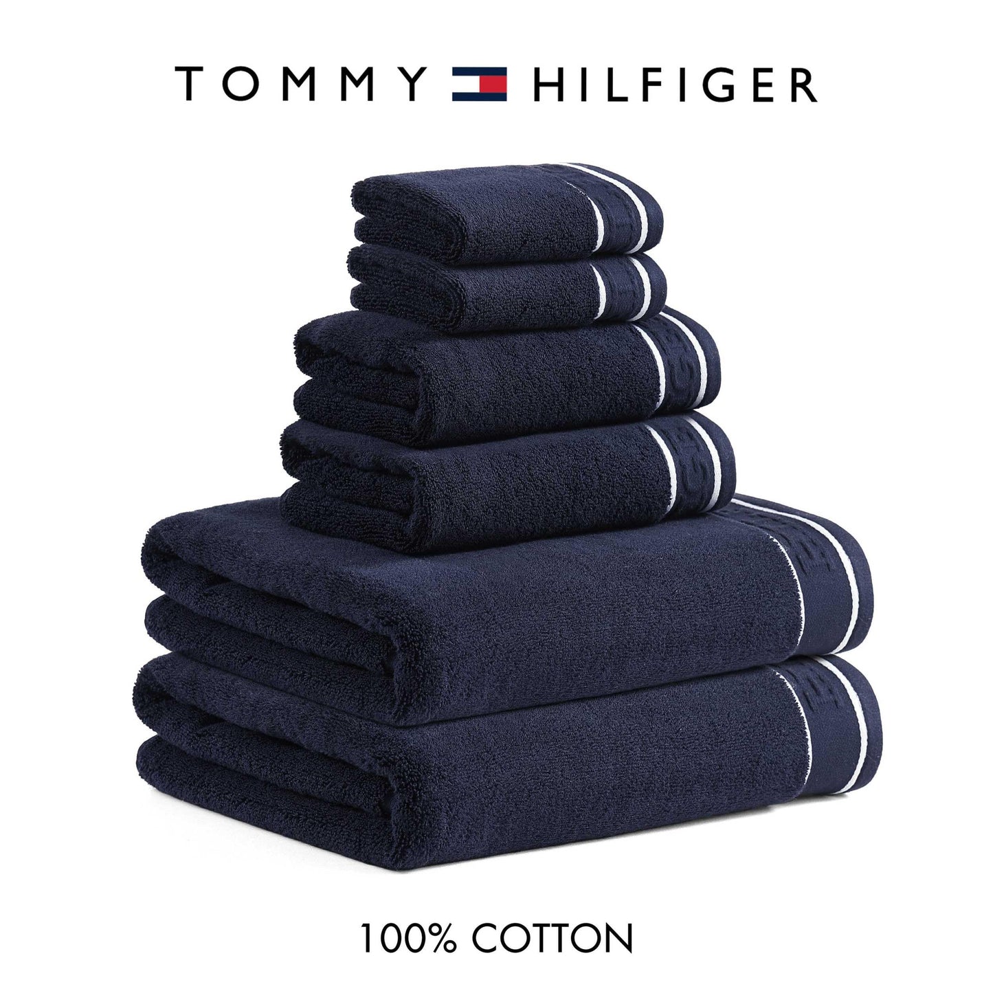 Tommy Hilfiger – Bathroom Towels, Soft Cotton Washcloths, Bath & Hand Towel Set, Zero Twist, Medium Weight & Highly Absorbent, Set of 6, College Dorm Room Essentials (Legacy Navy)