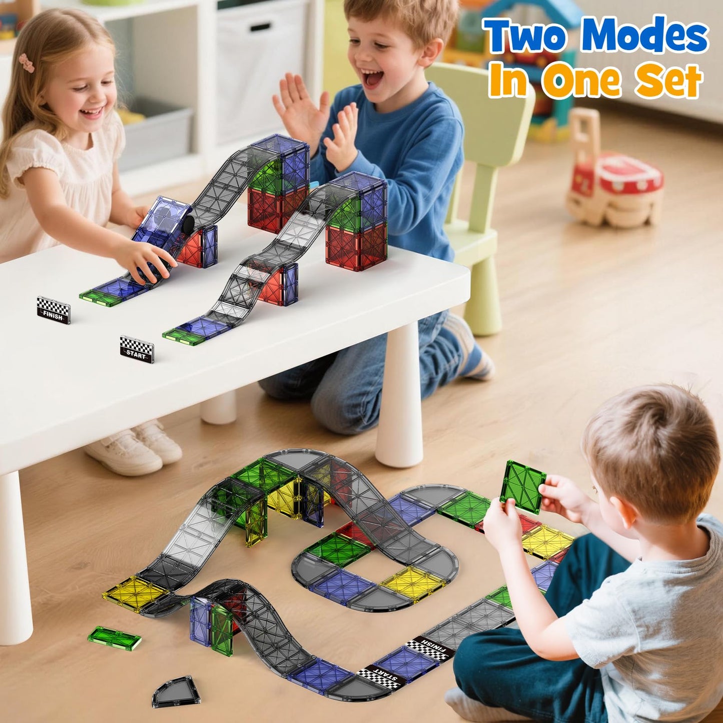 WMXDU 2-in-1 Magnetic Tile Downhill & Road Set - 40PCS Magnetic Building Blocks with Car, Montessori Preschool Toys for 3+ Year Old Boys & Girls, Ideal Sensory Toys for Toddlers