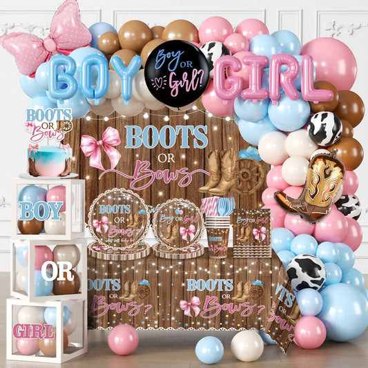 Cocomigo 299 Pcs Boots or Bows Gender Reveal Decorations, Complete Party Set Serves 25, Boots and Bows Gender Reveal Decorations with Plates, Tablecloths, Balloons, and Stickers