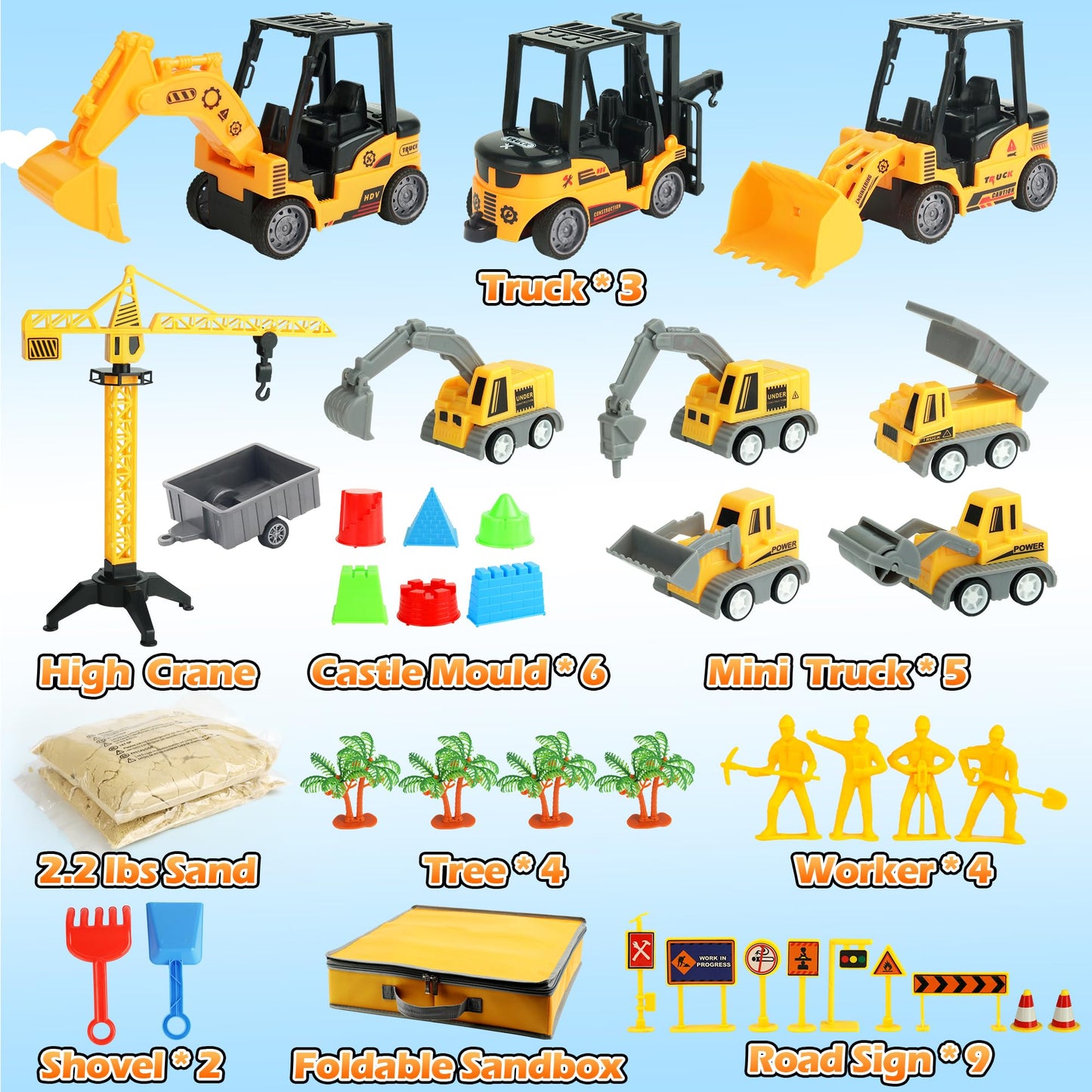 Sand Construction Site Kit - 37 Pcs Play Sand Art Kit with 8 Construction Trucks, Folding Sandbox, 2.2 lbs Magic Sand, Crane, Worker, Road Signs, Molds, Shovel - Ideal Toys for Boys Girls Age 3-8