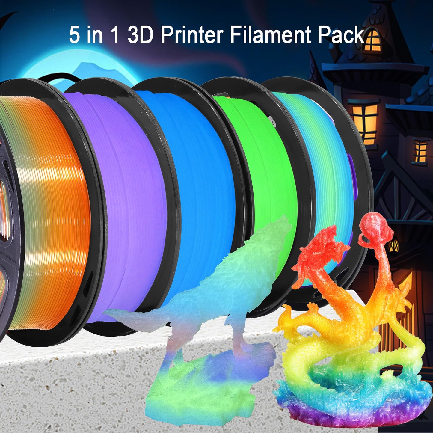 1.75mm PLA 3D Printer Filament Bundle: Glow in Dark Green/Blue/Purple/Rainbow, One Spool Clear Multi Colored, Each Spool 250g, Total 1.25Kg 3D Printing Material, 250g x 5 Spools Glow in Dark PLA