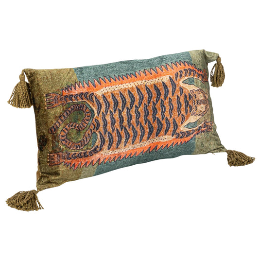 Creative Co-Op Cotton Velvet Blend Tiger Lumbar Pillow with Tassels, Multicolor