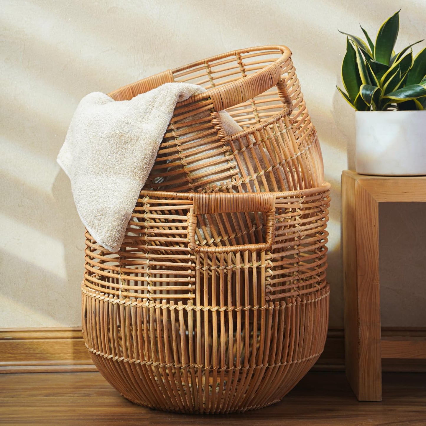 X AVIA HANDICRAFTS Set Of 2 Large Woven Blanket Baskets With Handles | Round Wicker Rattan Storage Floor Baskets for Shoe In Living Room | Extra Big Boho Rattan Laundry For Pillow, Blanket
