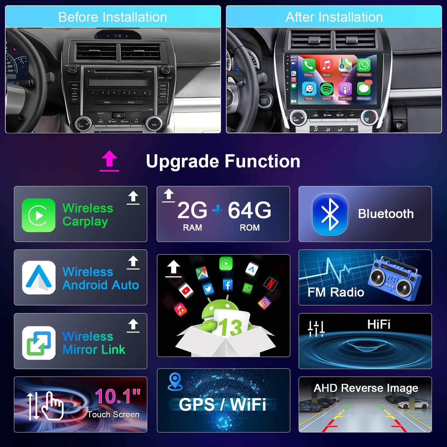 Car Radio Stereo for Toyota Camry 2012 2013 2014, 1G+32G Rimoody Carplay Android 13 10.1 inch Touch Screen GPS Navigation WiFi HiFi Bluetooth FM Radio Mirror Link Head Unit + AHD Backup Camera