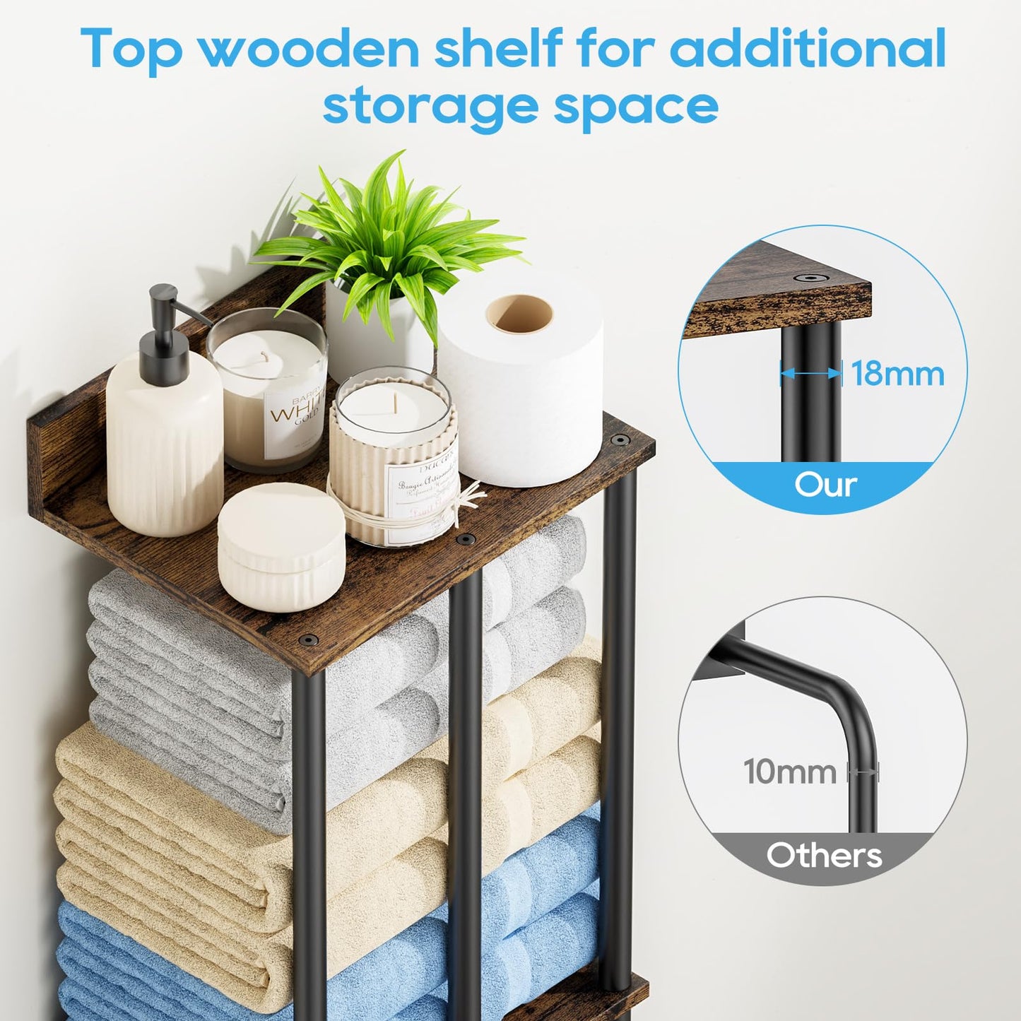 WeGXY Towel Racks for Bathroom Wall Mounted with Wooden Storage Shelf, Updated 3 Bar Metal Towel Holder for Rolled Towels, Sturdy and Large Capacity, Towel Storage Organizer