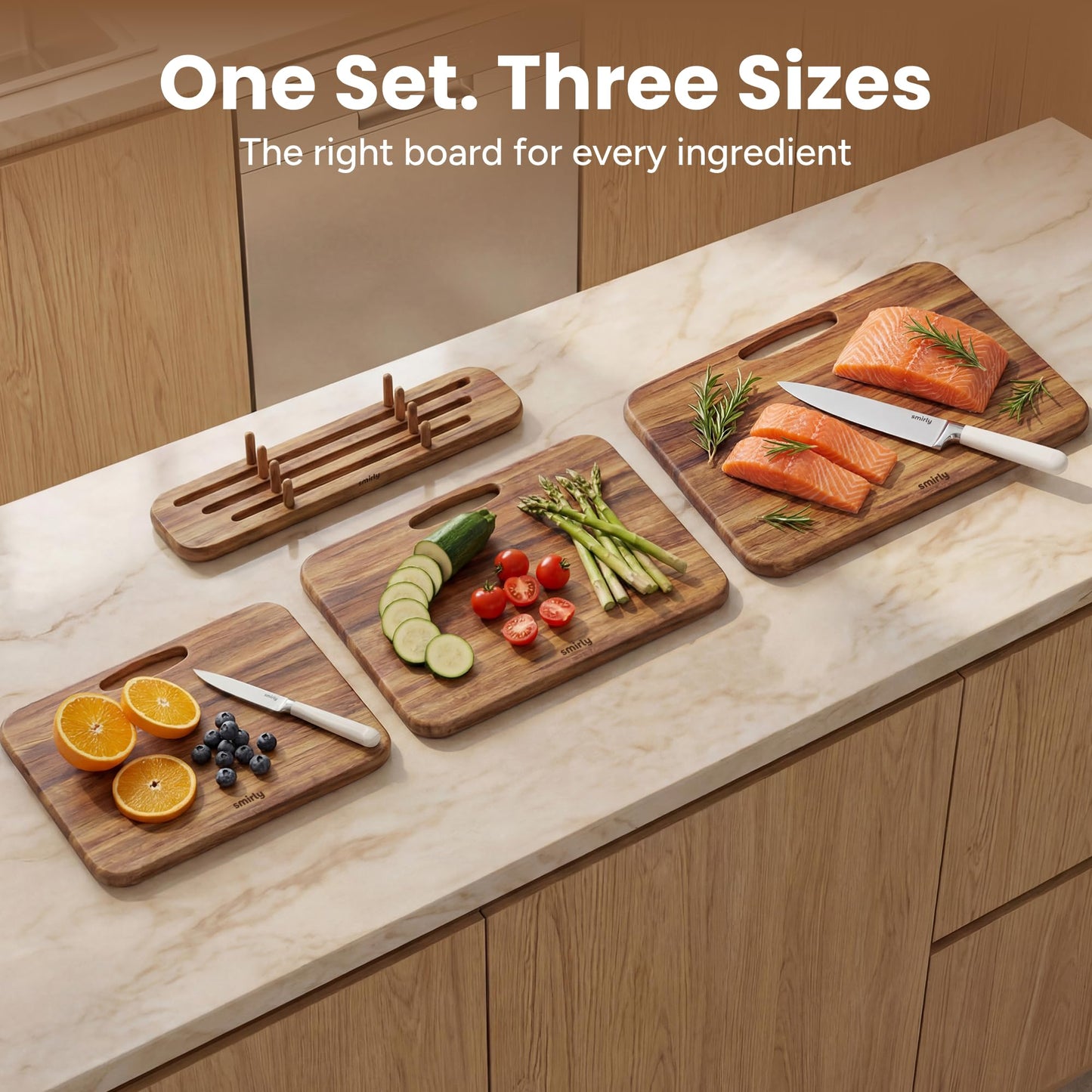 SMIRLY Wooden Cutting Boards for Kitchen, Double-Sided Cutting Board with Handle, Heavy Duty Solid Acacia Wood Cutting Board Set with Stand, 3 Pcs Cutting Boards Non Toxic for Meat Vegetable Fruit