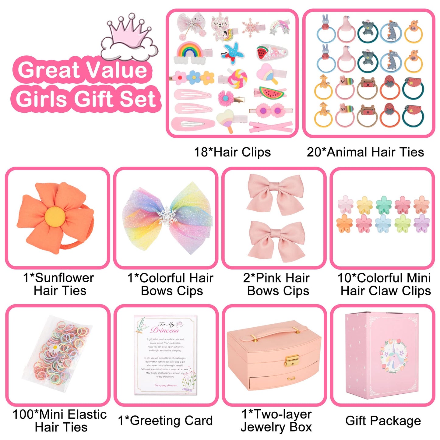 ONECOCOA Hair Accessories Set for Girls: Jewelry Box, Hair Clips, Barrettes, Ties, Bows - Teen Girl Gift for Ages 4-12 (Pink)