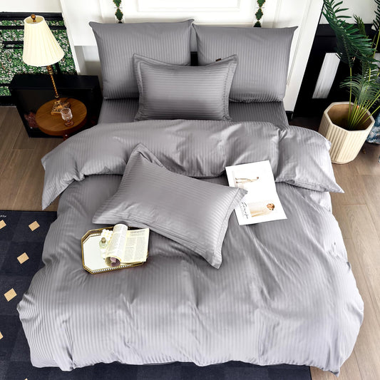 Amolavet Hotel Duvet Cover King Size Cotton Dark Grey Satin Pin Striped with Zipper - Duvet Cover King 3 Pcs Set 104x90 (1 Duvet Cover & 2 Pillow Shams) - Comforter/Quilt Cover King Size