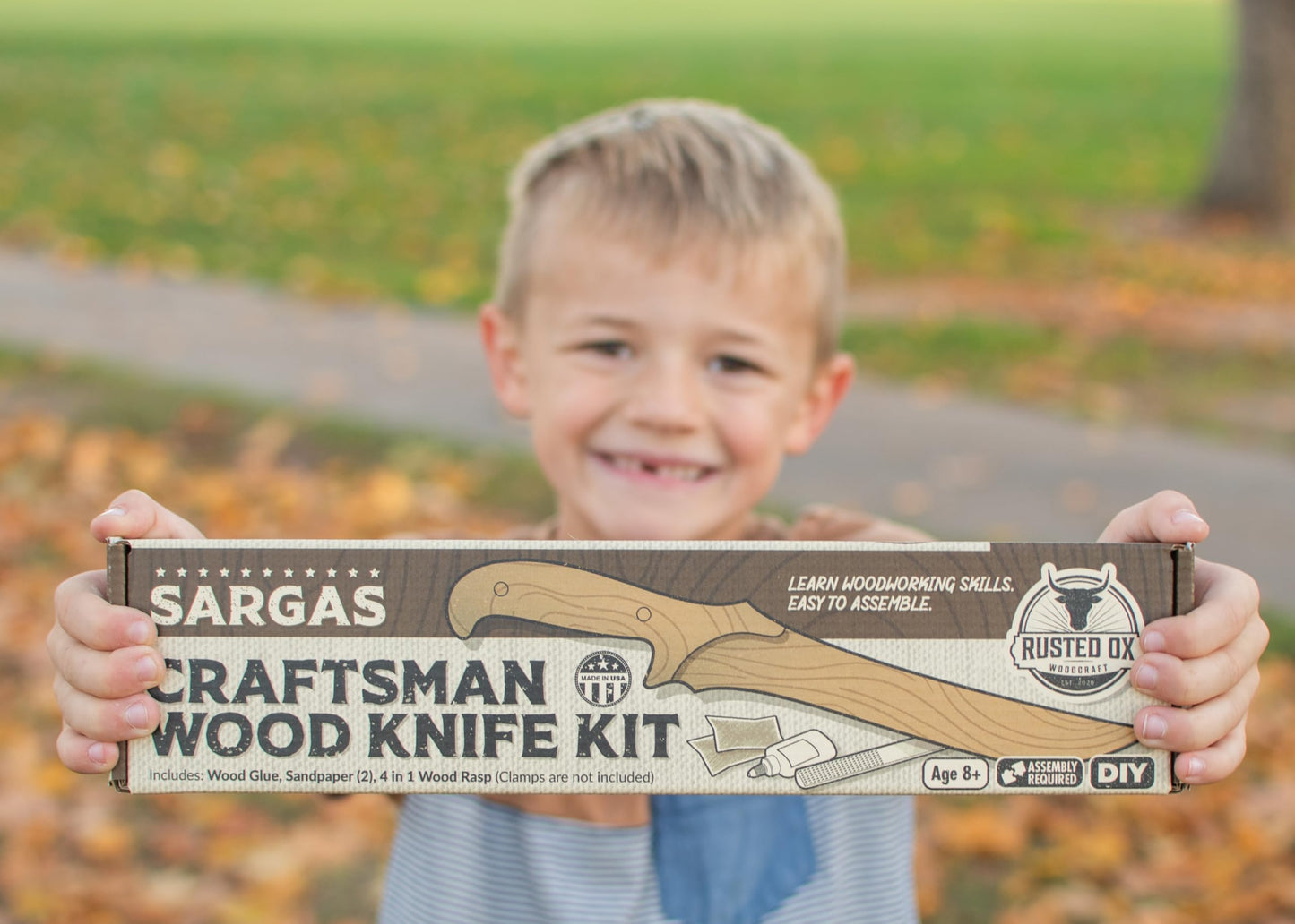 Sargas Wooden Knife Making Kit for Kids Teens and Adults, DIY Craft Woodworking Gift, 13 Inch Hardwood Blade with Walnut Handles and Pins, Includes Rasp Sandpaper Wood Glue How-to Video, Made in USA