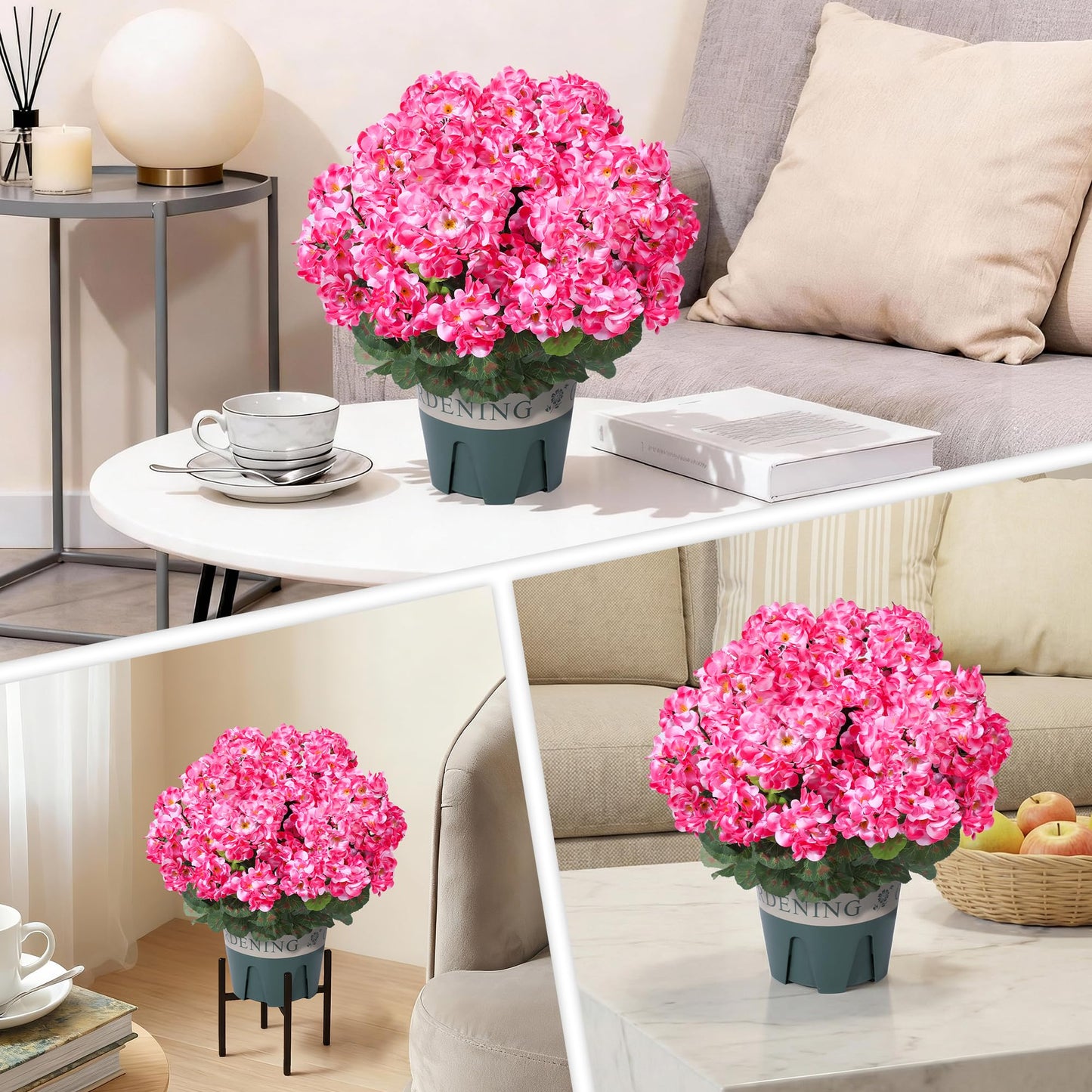 Geraniums Artificial Flowers for Outdoors, 2 Pack Potted Plants Pink Faux Geraniums Bush Artificial Topiaries Realistic UV Resistant Fake Flowers Plants for Planters Outside Gardens Front Door Indoor