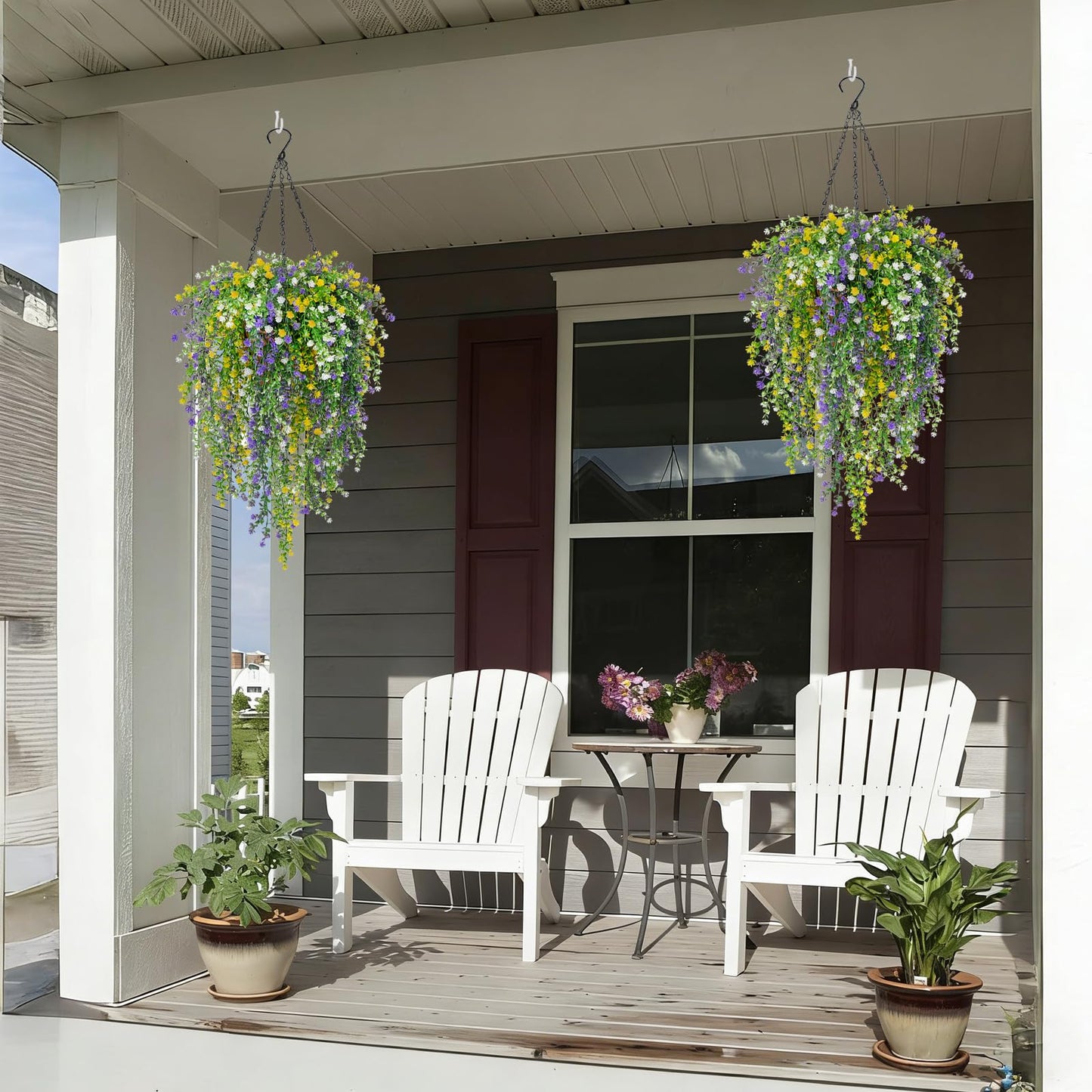 MHMJON 2 Set Artificial Flower Hanging Baskets for Outdoors, 20Pcs Fake Hanging Plants, Outdoor Faux Flowers UV Resistant for Spring Summer Porch Patio Garden Home Decoration (White+Purple+Yellow)