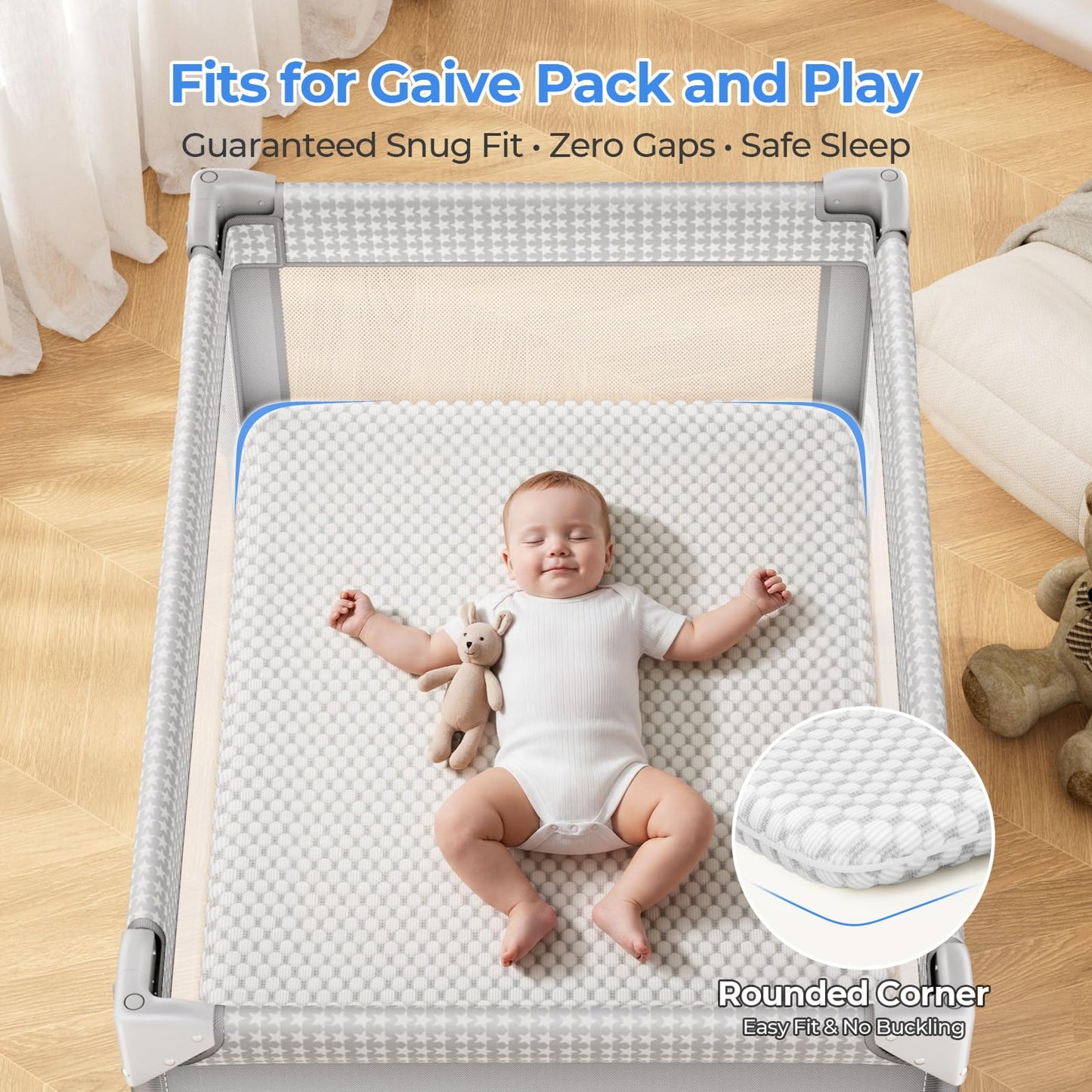GAIVE 1.5in Mattress Fit Pack and Play & Baby Bassinet, Gel Memory Foam with Waterproof & Breathable Ice Silk Cover, 41.1"x27.8" （Grey）