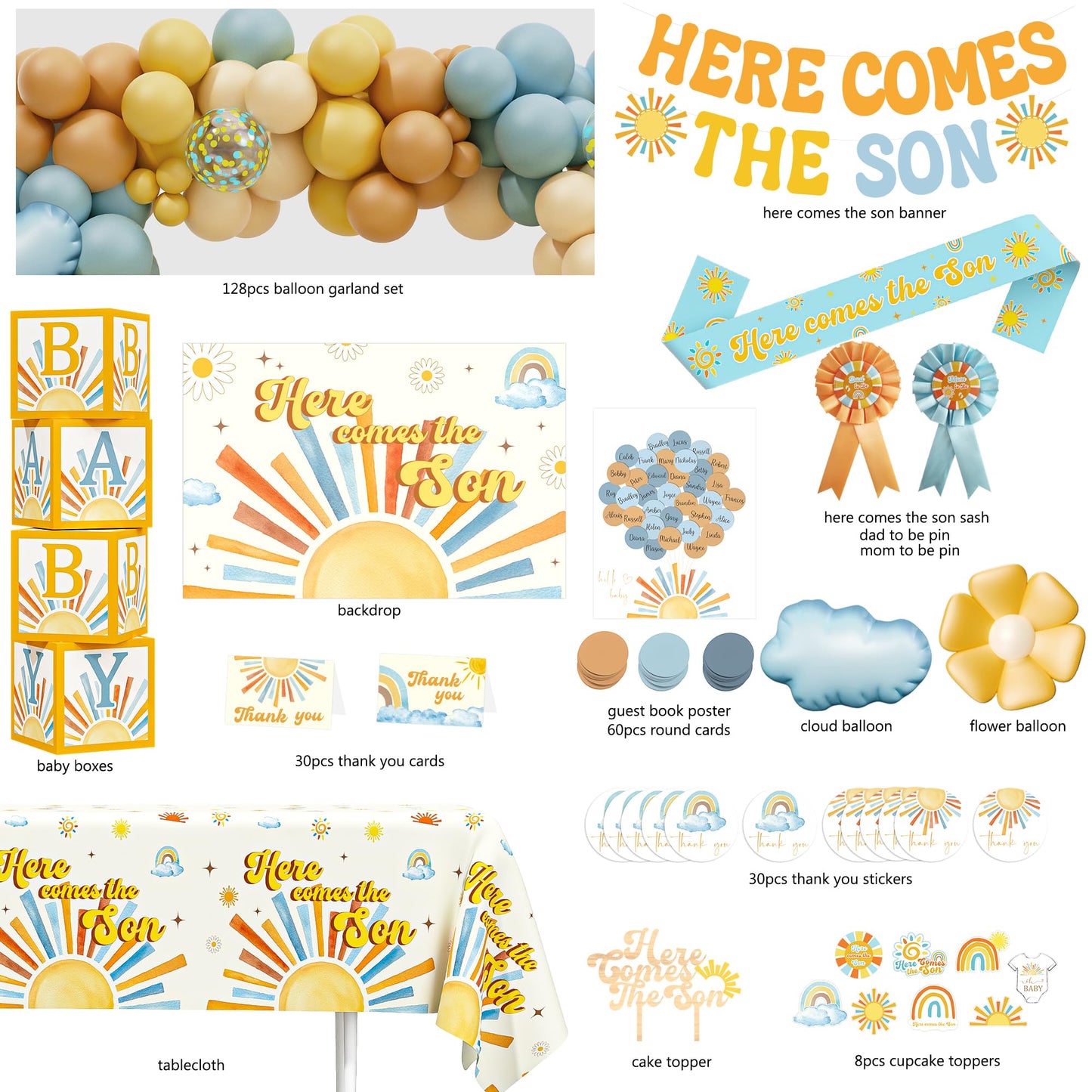 Here Comes the Son Baby Shower Decorations for Boy, Boho Sun Baby Shower Party Supplies, It's A Boy Gender Reveal Décor, Retro Sun You Are My Sunshine Baby Shower