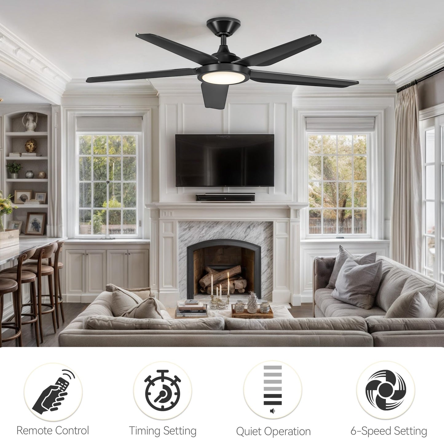 DWVO Ceiling Fan with Light, 54" Ceiling Fan with Remote, Tri-Color Temperature, 5 Blade Ceiling Fans Reversible 6 Speeds w/Quiet DC Motor for Bedroom, Living Room, Dining Room