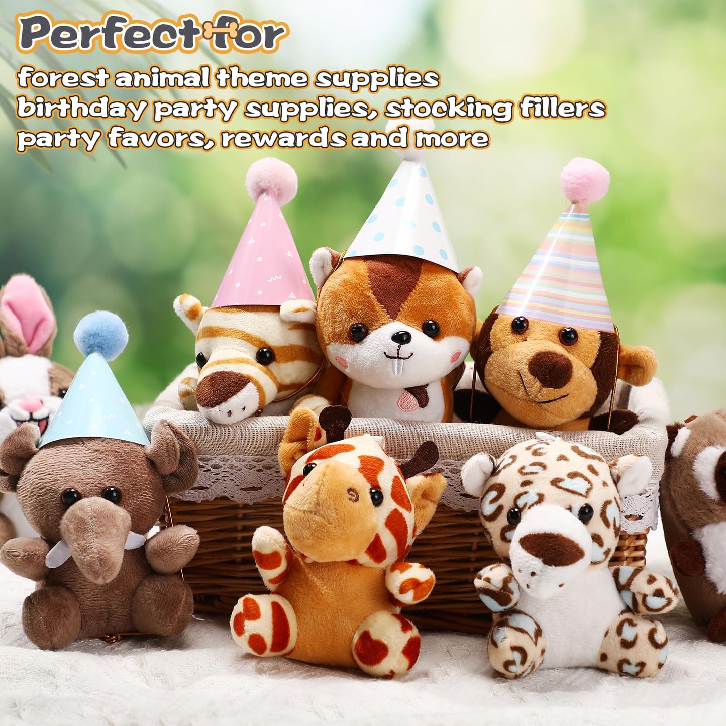 Seenelling 48 Pcs Mini Safari Plush Animals Set Forest Stuffed Toys Adopt a Pet Party Favors Jungle Animal Plush Toys with Birthday Hats Paper Boxes for Animal Theme Favor Birthday Party Gift