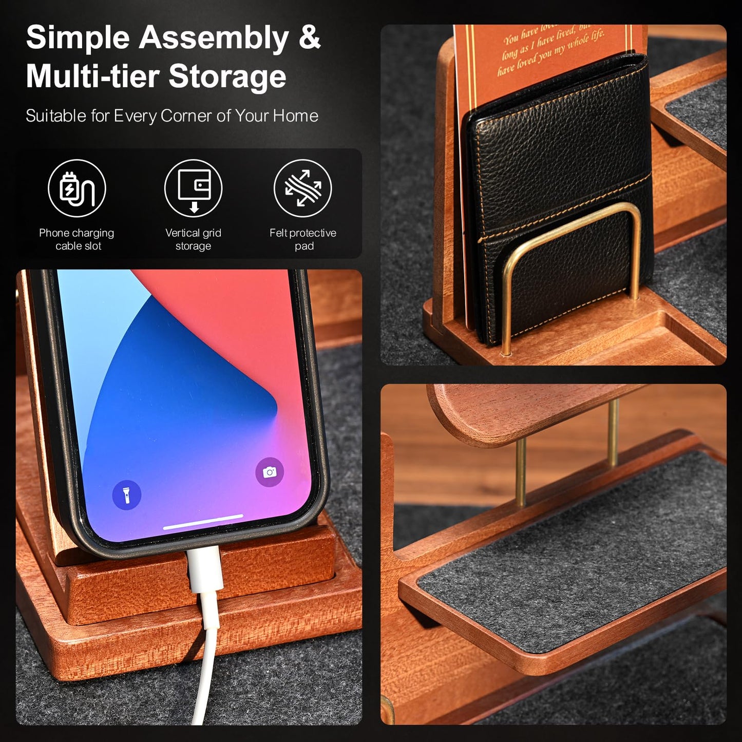 UPERGO Fathers Day Gift for Dad, Wooden Nightstand Organizer Stand, Valet Tray EDC Caddy for Men, Desktop & Tabletop Home Decor – Phone Wallet Keys Watch Holder with Elegant Gift Box