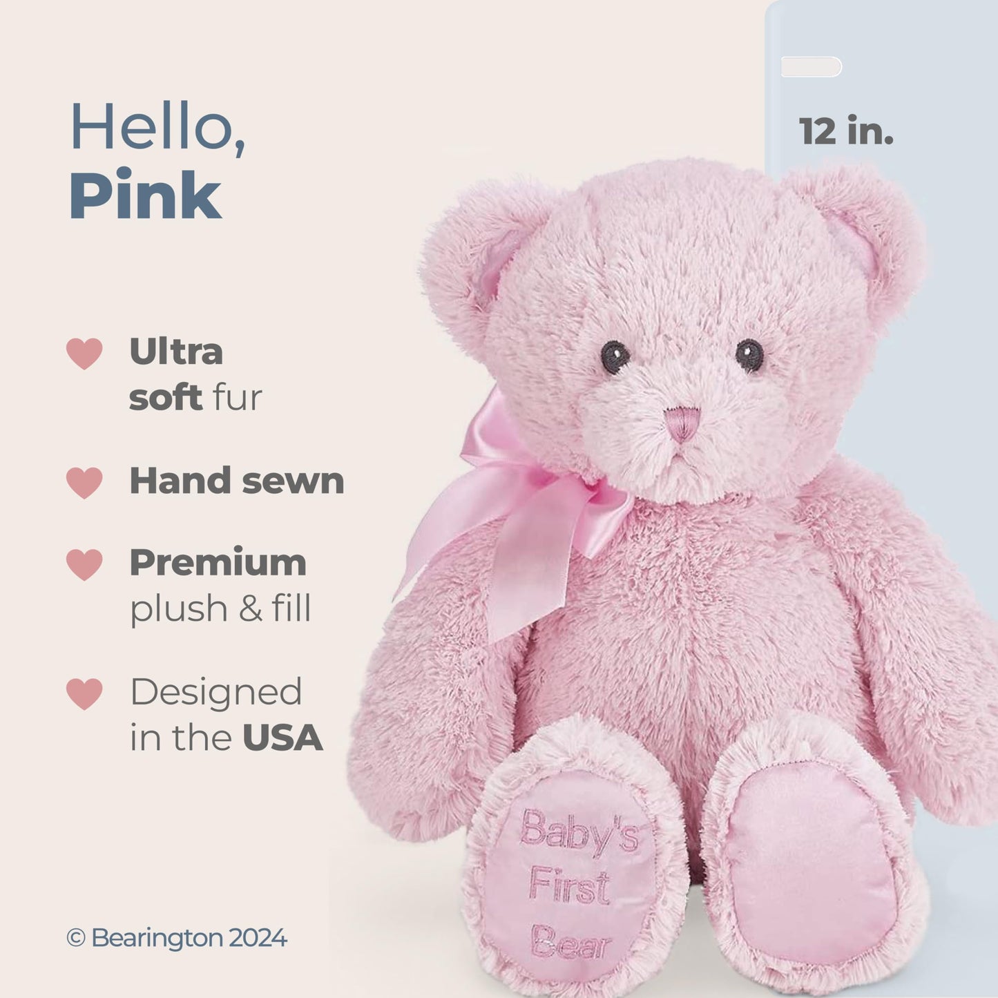 Bearington Baby's First Teddy Bear Pink Plush Stuffed Animal, 12"