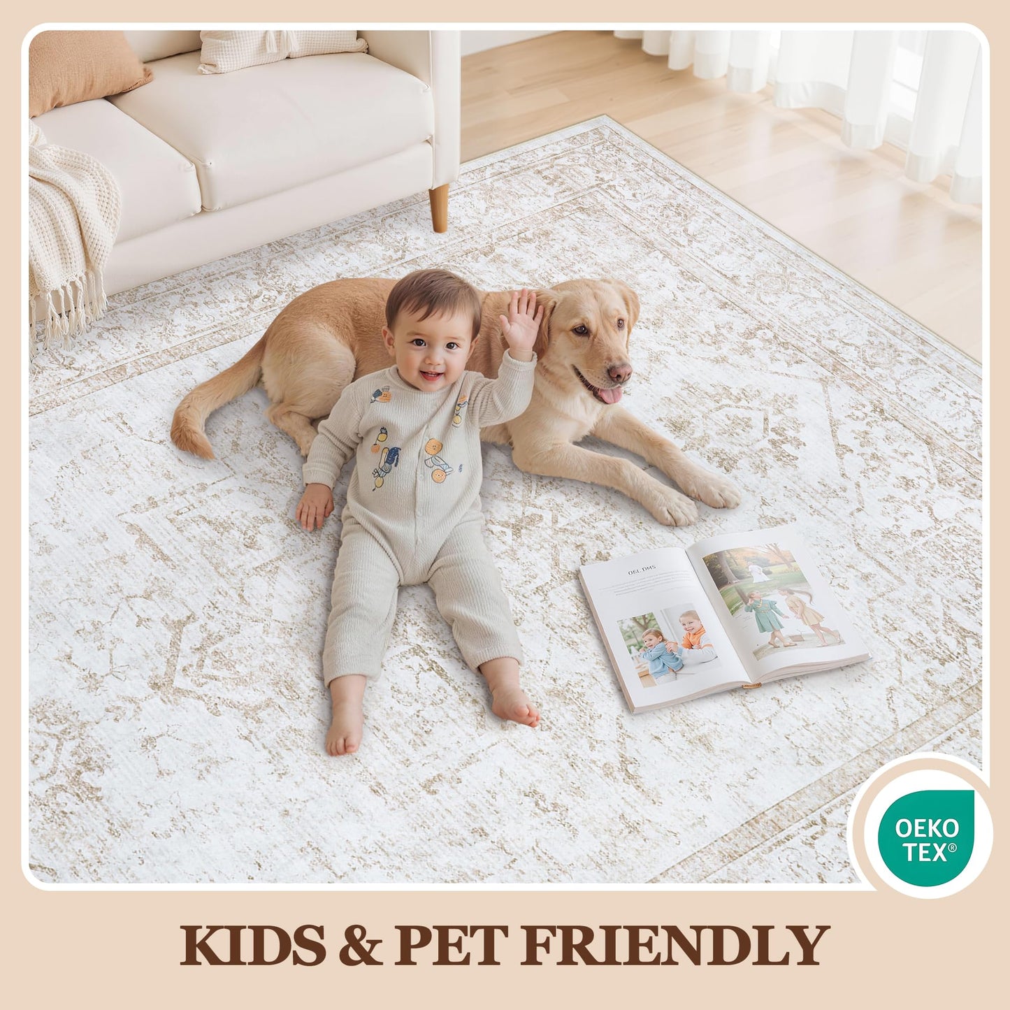 Area Rug 6x9 Living Room Rug Washable:No-Slip Vintage Medallion Rug Soft Low Pile Large Beige Rugs Indoor Retro Carpet for Living Room Kitchen Nursery Dining Table Office (Beige, 6'x9')