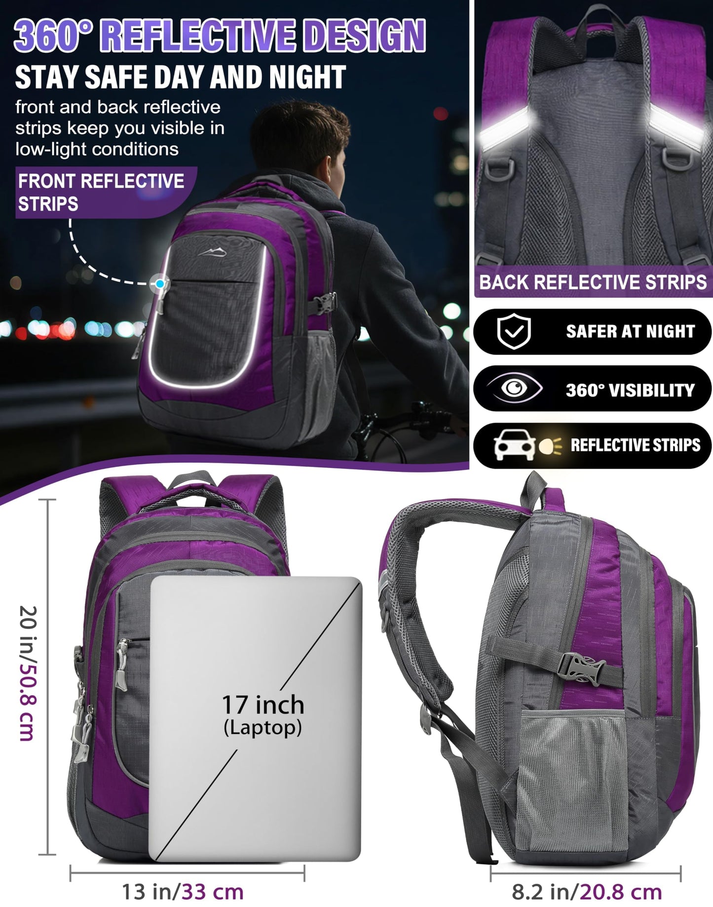 ProEtrade Extra Large Backpack Bookbag for College Travel Laptop Business Hiking Backpack Fit Laptop Up to 17 Inch Sturdy Multi Compartment Gifts for Men Women Night Light Reflective (Light Purple A)