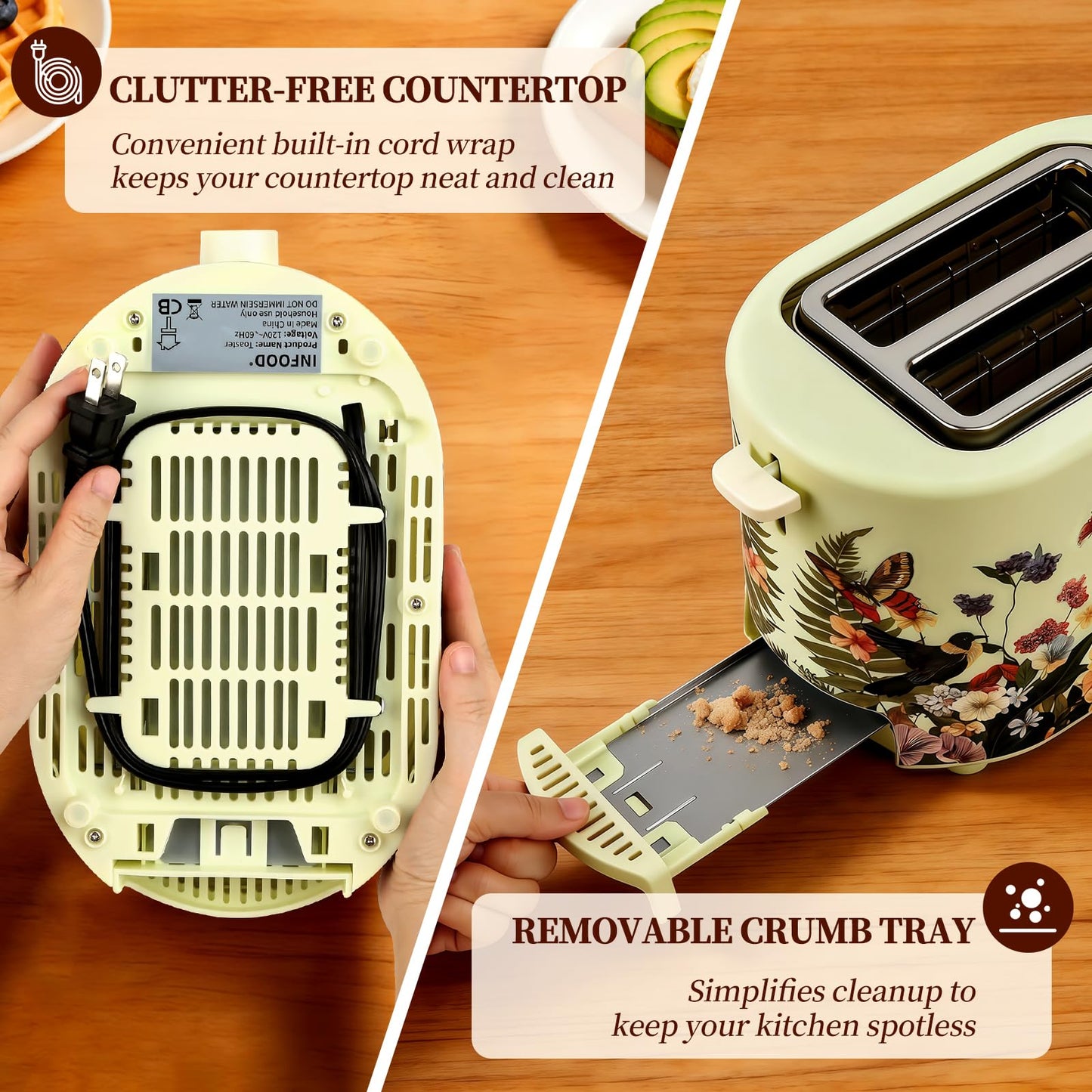 INFOOD Retro Toaster 2 Slice - 6 Toast Settings, Cancel/Defrost/Reheat Buttons, Built-in Warming Rack & Removable Crumb Tray, 1.5 Inches Extra Wide Slots, 750W, Floral Design