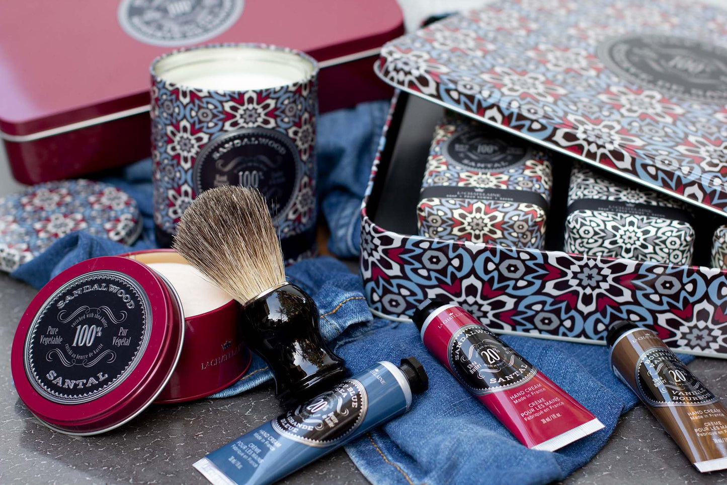 La Chatelaine Luxury Bar Soap Trio Gift Set Tin | Made in France | Natural and Organic | Shea Butter Formula | 3 x 8.8 oz / 250g - Red Mosaic Soap Trio (Deep Blue Sea, Sandalwood, Citrus Zest)