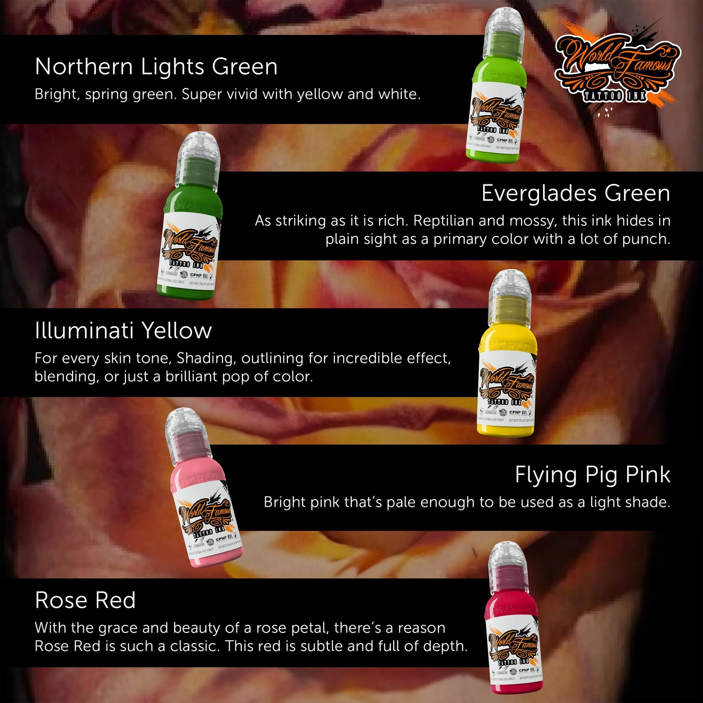 World Famous Botanical Mini Color Tattoo Ink Pigment Set of 5, Vegan, Professional Supplies, 1oz Bottles, Northern Lights, Everglades Green, Illuminati Yellow, Flying Pig Pink, Rose Red
