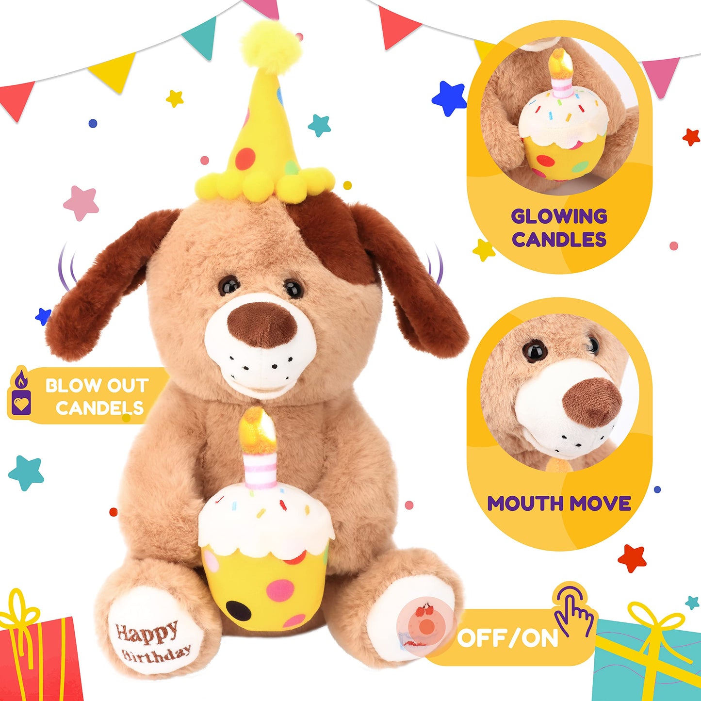 Hopearl Adorable Happy Birthday Dog with Glowing Cupcake Musical Stuffed Animal Puppy Singing and Shaking Plush Toy Interactive Animated Kids Gift, Brown, 15''