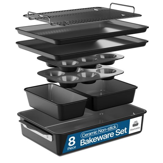 Bakken 8-Piece Ceramic Coated Bakeware Sets, Nonstick Aluminized Steel Pans with Muffin, Loaf, Cake, Roasting Pan, & Cooling Rack, Oven Safe Up To 500°F, Dishwasher Safe, BPA, PTFE & PFAS Free, Black