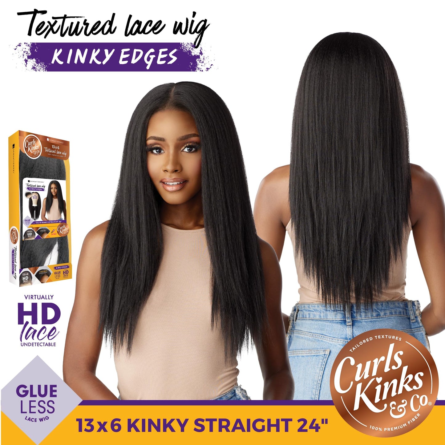 Sensationnel Curls kinksandco kinkyedges wig - kinky straight 24 inch 13x6 lace frontal natural kinkytexture edged hairline for natural 3c to 4c hair textures (1B OFFBLACK)
