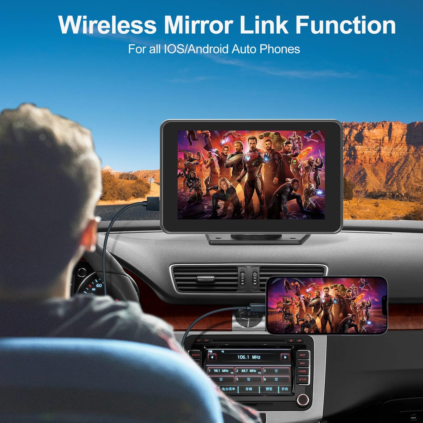 Portable Wireless for Apple Carplay/Android Auto Screen for Car, 7 Inch HD Touchscreen Car Play with Backup Camera, Mirror Link, Bluetooth, FM Transmitter, Voice Control for All Vehicles