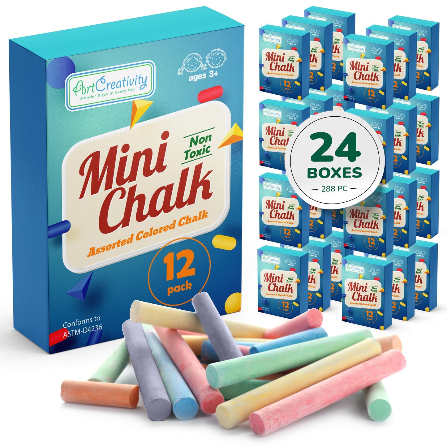 ArtCreativity Mini Chalk Set for Kids, 24 Boxes, Each Box Has 12 Blackboard Chalk Sticks, Non-Toxic Art and Craft Supplies, Birthday Party Favors for Boys and Girls, Goody Bag Fillers, Classroom Gift