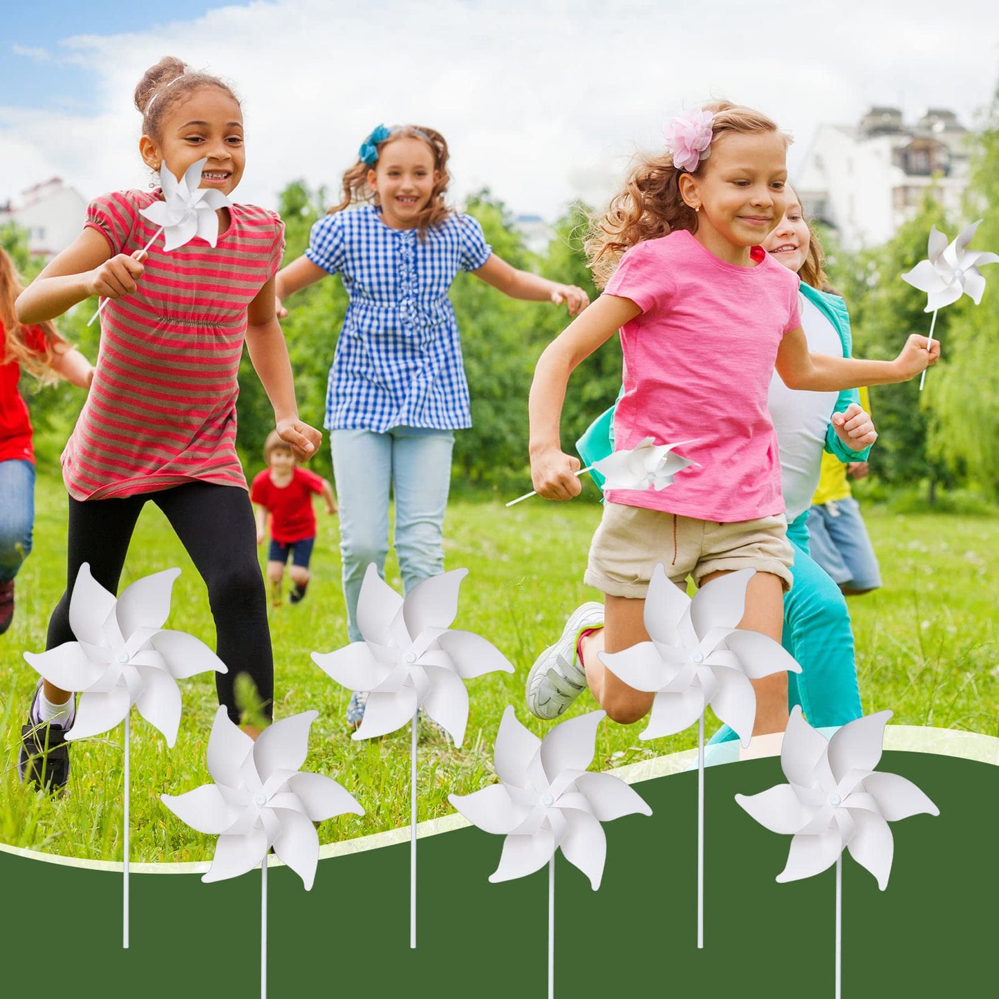 Chivao 100 Pcs Novelty DIY Pinwheels Art Craft for Kid Color Your Own 4th of July Patriotic Pinwheels Making Craft, Summer Crafts for Carnival Party Favor Daycare Project Summer Activity, 6 Leaves