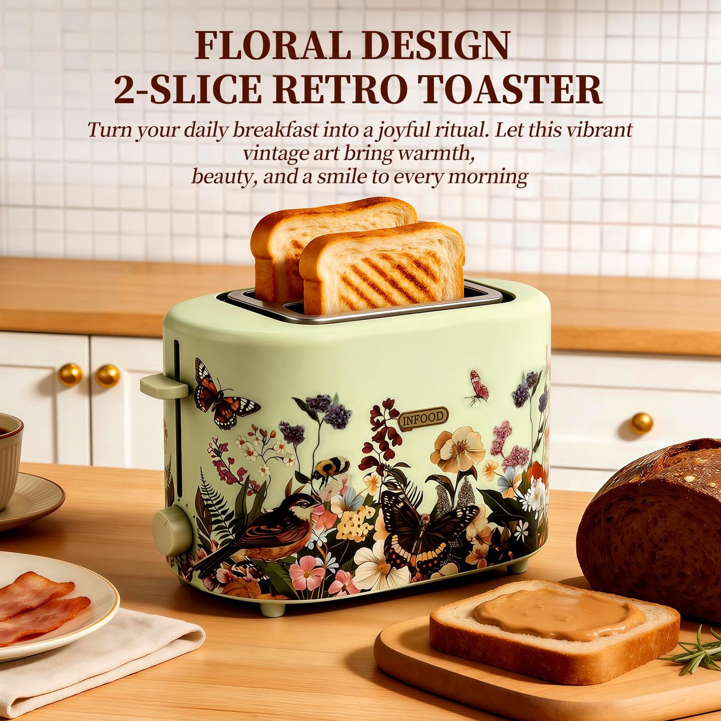 INFOOD Retro Toaster 2 Slice - 6 Toast Settings, Cancel/Defrost/Reheat Buttons, Built-in Warming Rack & Removable Crumb Tray, 1.5 Inches Extra Wide Slots, 750W, Floral Design