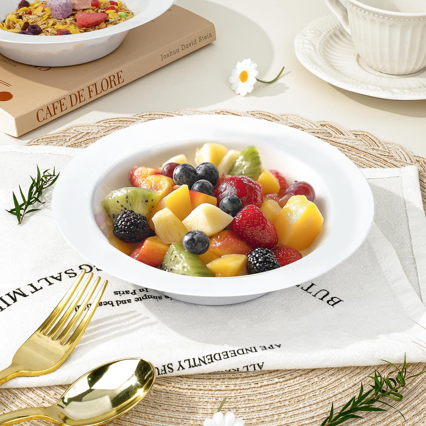 BESTVIP 100 Pack 12 oz White Plastic Bowls, Disposable Soup Bowls, Heavy-duty Dessert Salad Bowl for Christmas, Party, Wedding, Dinner, Catering