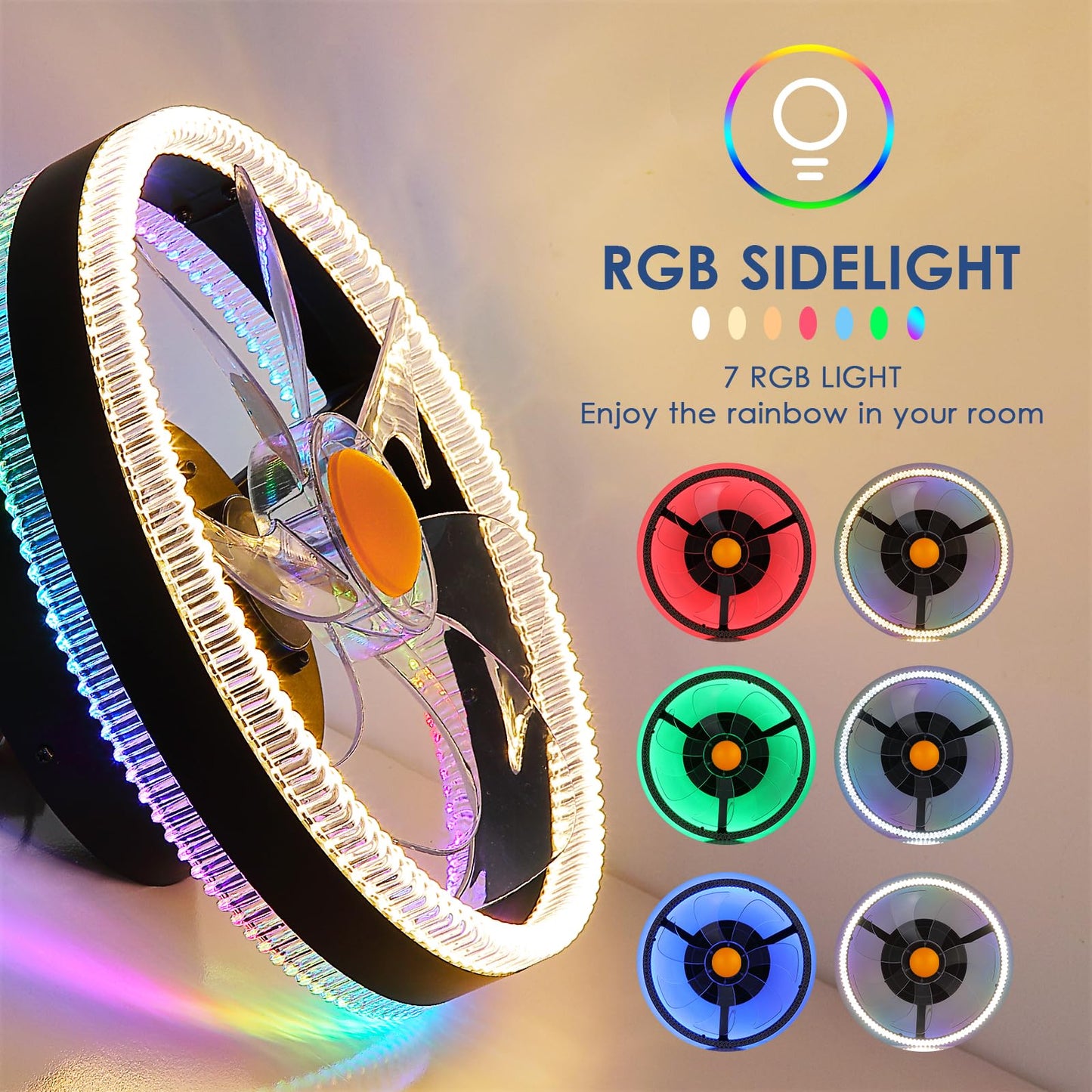 Mpayel Flush Mount Ceiling Fans with Lights - RGB Low Profile Ceiling Fan,13" Small Dimmable LED Bladeless Ceiling Fans, Modern Enclosed LED-RGB Ambient Light for Bedroom, Kids Room, Party