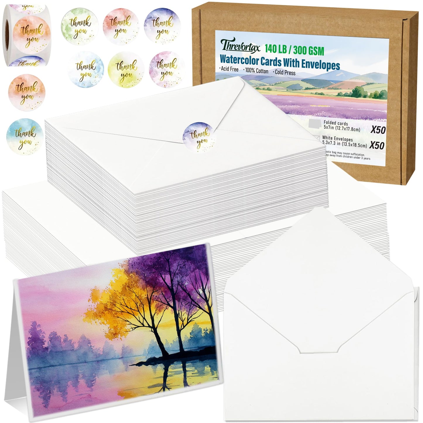 50 Pack Blank Watercolor Cards with Envelopes 5 x 7 Inch 140lb/300GSM 100% Cotton Heavyweight Foldable Water Color Cardstock, Acid-Free Watercolor Cards to Paint for Christmas Birthday