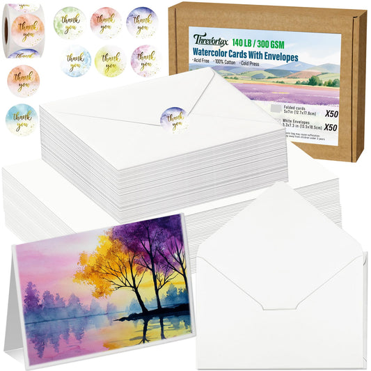 50 Pack Blank Watercolor Cards with Envelopes 5 x 7 Inch 140lb/300GSM 100% Cotton Heavyweight Foldable Water Color Cardstock, Acid-Free Watercolor Cards to Paint for Christmas Birthday