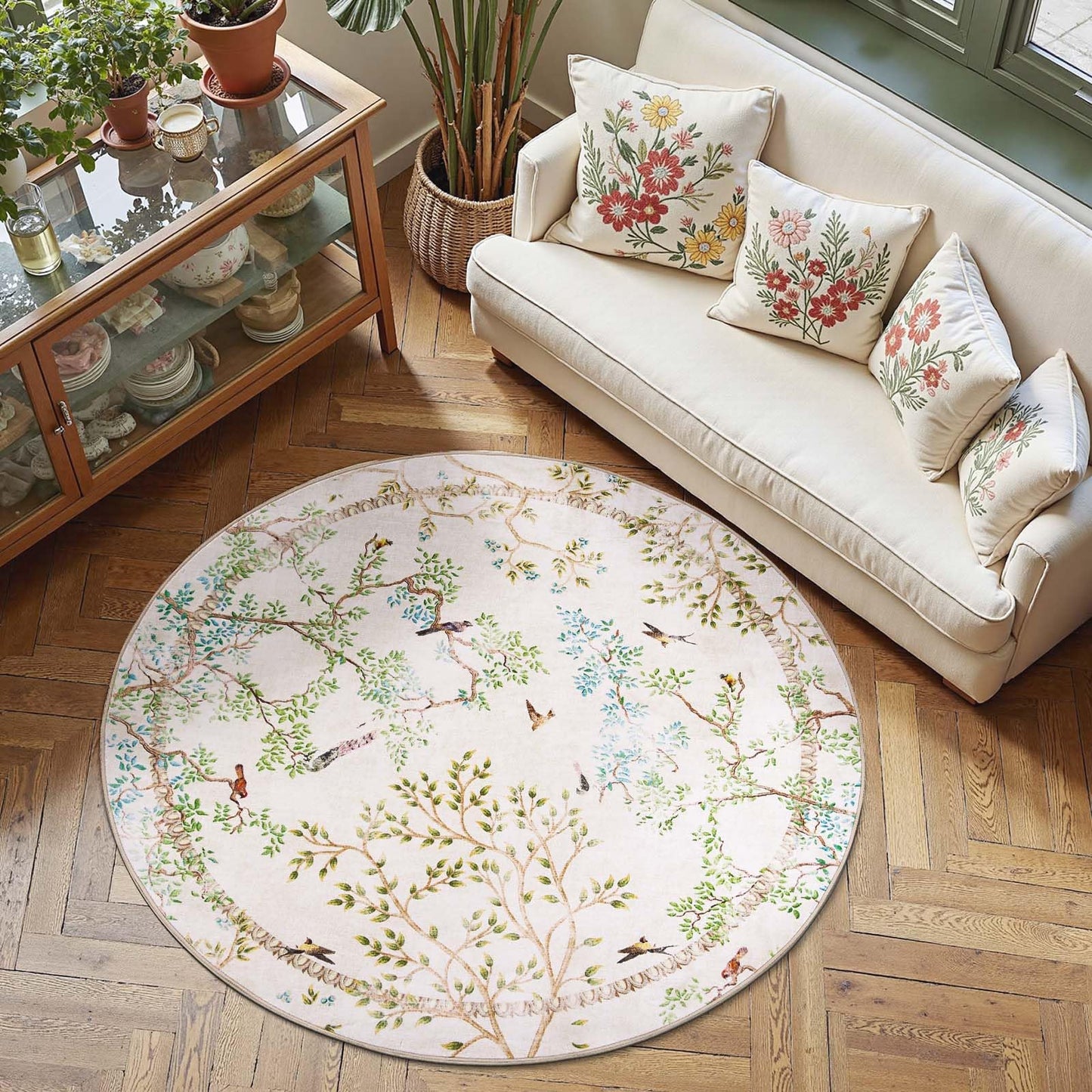 jinchan Yarden Round Rugs 5ft Ivory Botanical Birds Print Machine Washable 5' Circle Nature Plants Modern Soft Non Slip Throw Area Rugs Ultra Thin Low Pile Carpet for Entryway Bedroom Kids Room