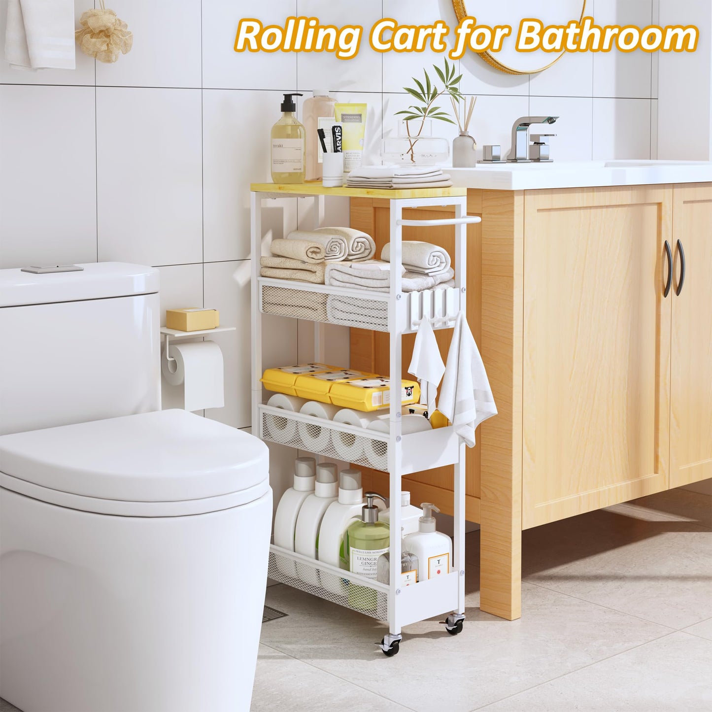 7.1" Wide Slim Storage Cart on Wheels, 4 Tier Metal Narrow Rolling Cart with Handle and Wood Top, Multifunctional Small Mobile Shelf Unit Organizer Trolley for Laundry, Bathroom, Kitchen