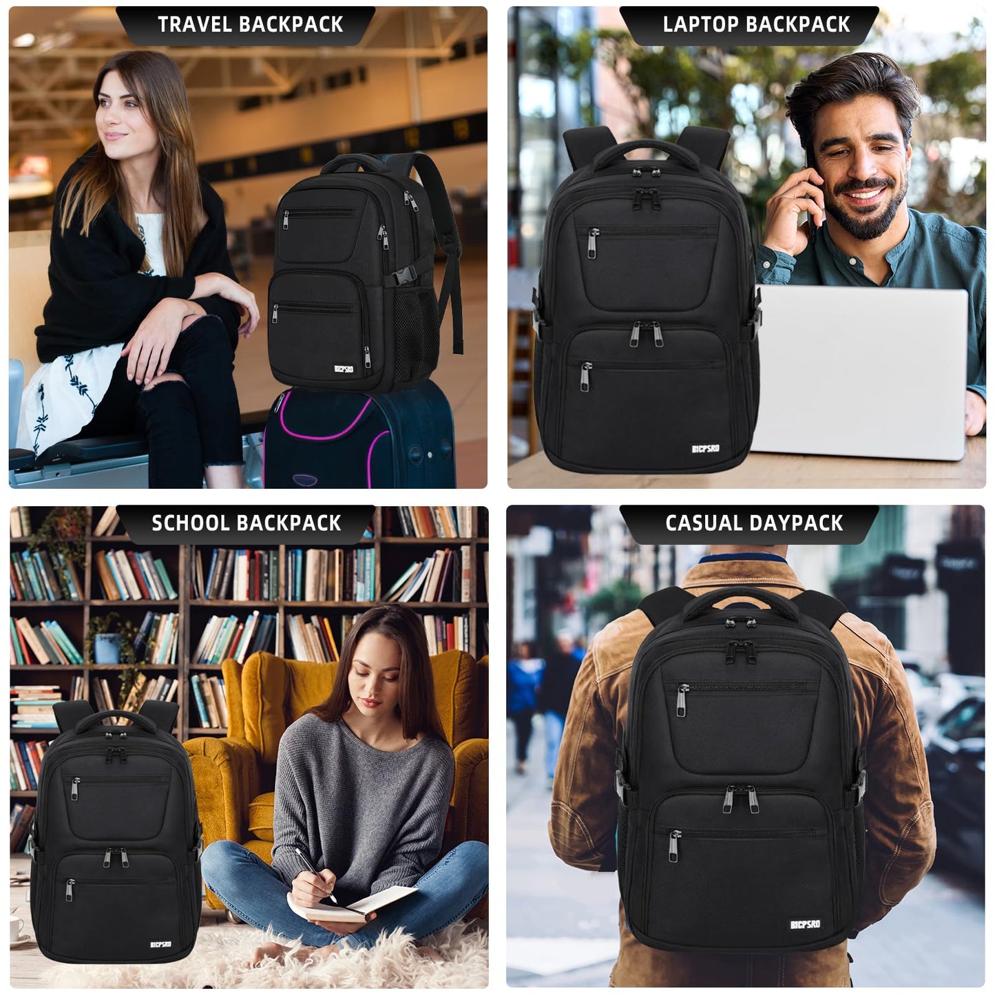 BICPSRO Backpack for Men Women, School Backpack for Boys Girls Teens, Work Business College Backpacks with Reinforced Straps, Black Student Bookbag Fits 17.3 Inch Laptop with Reinforced Straps, Gifts
