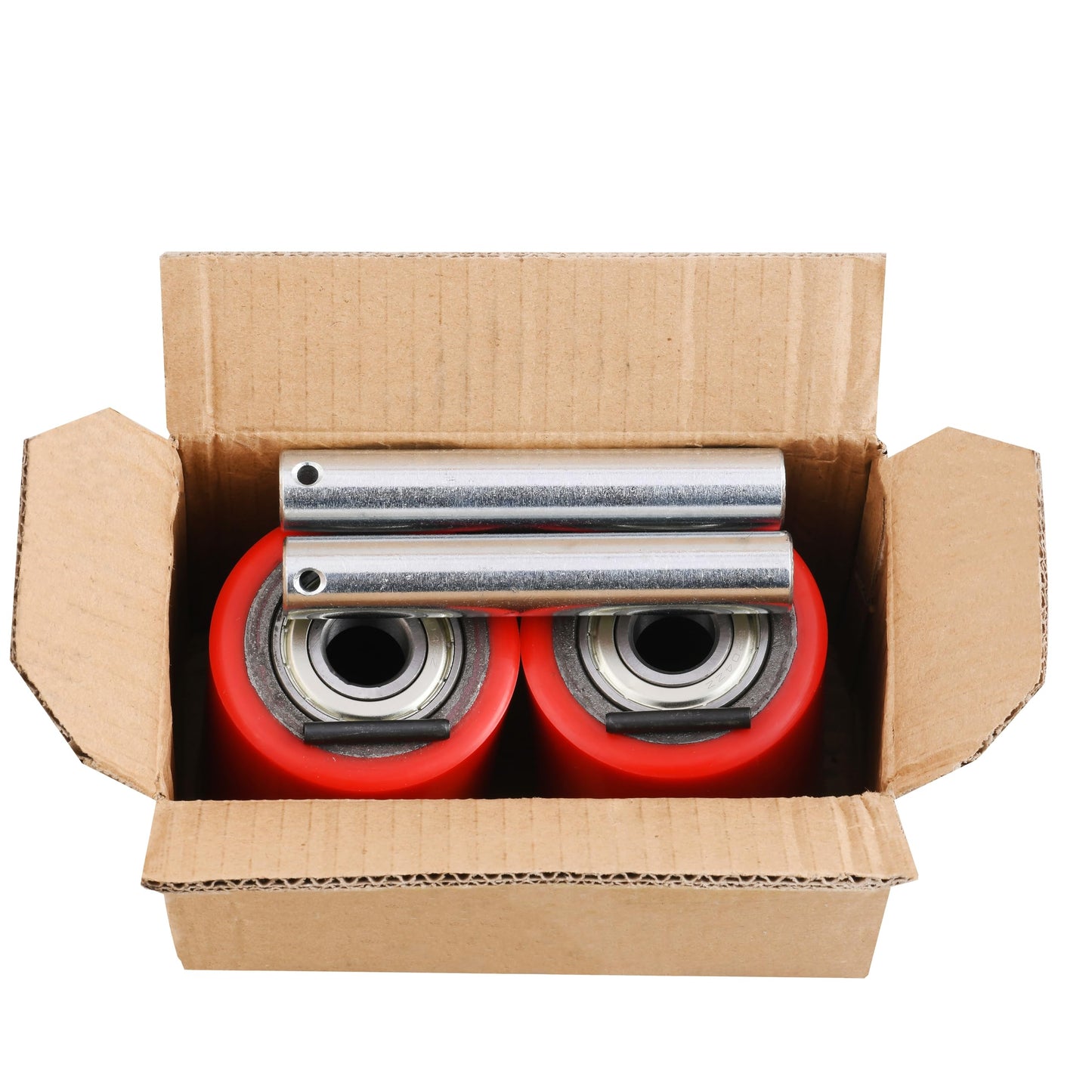 A Pair of Pallet Jack/Truck Wheels 3 x 3.75" (74.5 x 93mm) with Pre-Installed Bearings, 20mm ID PU Tread - Includes Axles and Pins by JackCraft