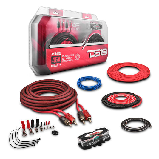 DS18 AKIT4.RD 4-GA Amplifier Installation Kit Up to 1680 Watts RMS, Mini-ANL Fuse Holder, Speaker & RCA Cables, CCA Amplifier Wiring Kit, Ultra Flex Wire, Amp Wire Kit, Amp Wiring Kit 4 Gauge - Red