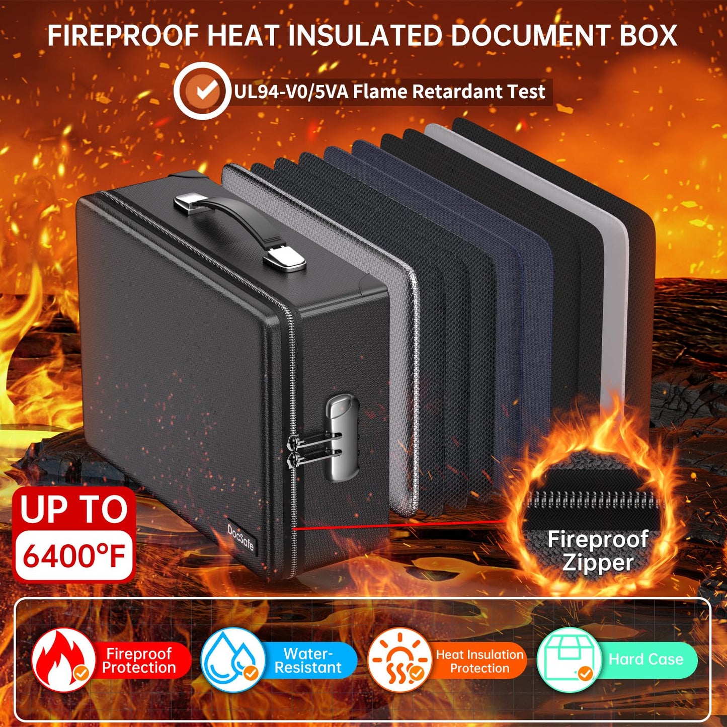 DocSafe 6400°F Fireproof Document Box with Lock,Heat Insulated Fireproof Water Resistant 10 Layers Hard Case Safe Box with Zipper＆Multi Pockets,Protects Personal Items,Documents,Laptop,Passport,Black