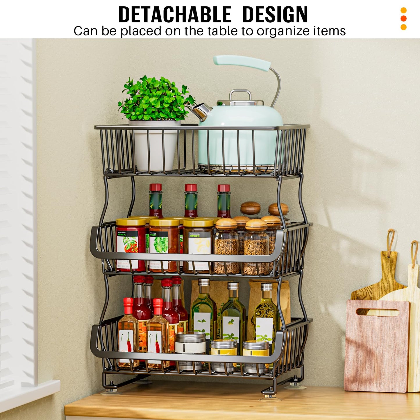Gsiekare 3-Tier Rolling Pantry Organizer and Storage Cart with Wheels – Stackable Wire Snack Cart for Kitchen, Pantry Shelves and Storage Rack for Fruit, Vegetables, Onion, Potato (1 Pack)