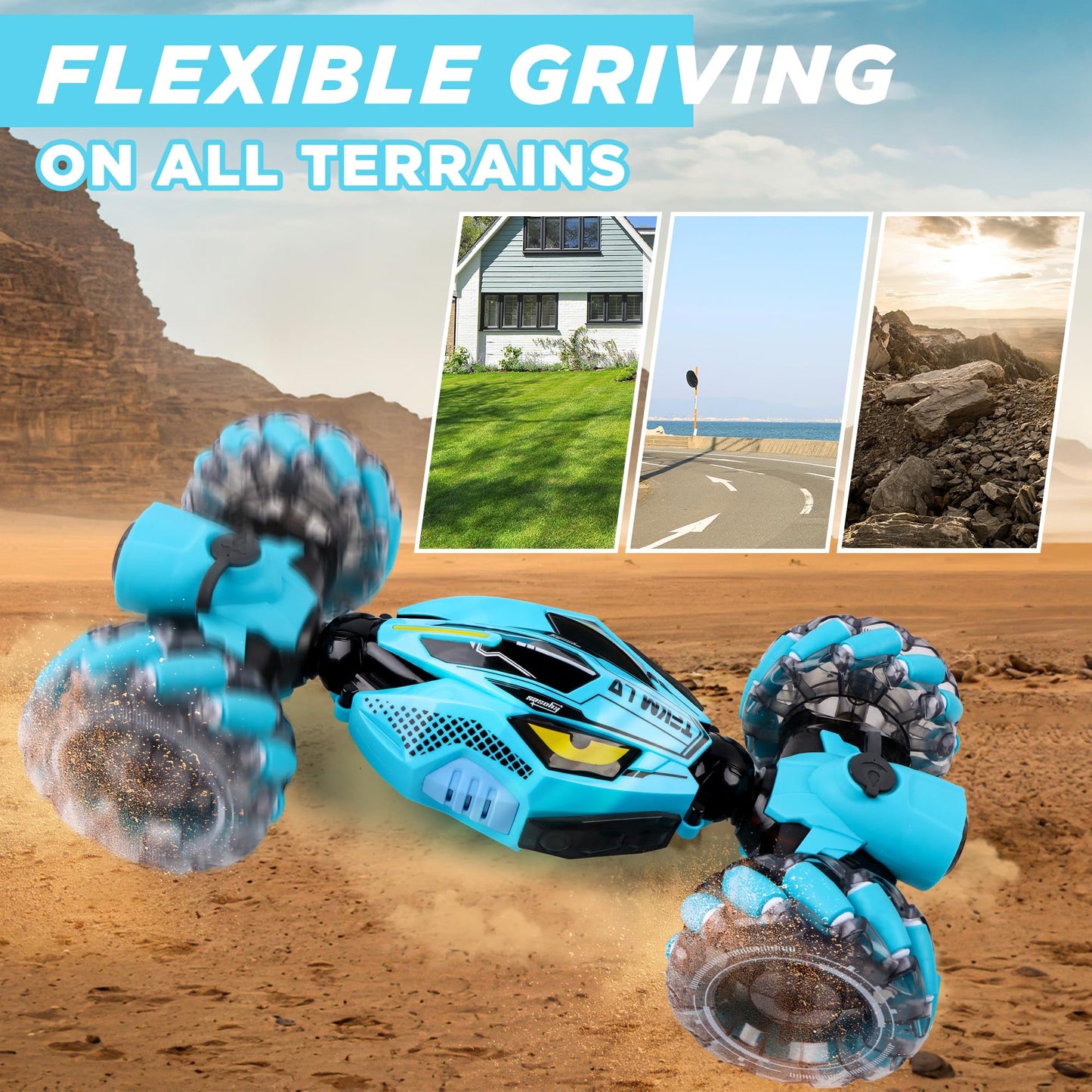 DPAPDI Gesture Sensing RC Stunt Car - 2.4GHz 4WD Remote Control Toy with Dual Spray, All-Terrain Off-Road Vehicle with Lights & Music, Gift for 6-12 Year Old Boys Girls Birthday