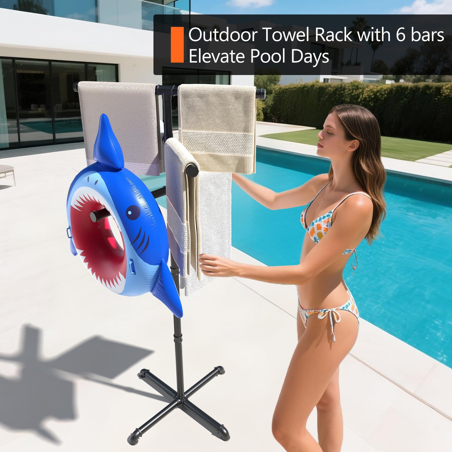 Hjarta Outdoor Towel Rack for Pool, 59 Inch Pool Towel Holder with 6 Bars, Poolside Towel Racks for Outdoor, Towel Drying Rack for Pool Area Outside, Bathroom, Spa, Hot Tub