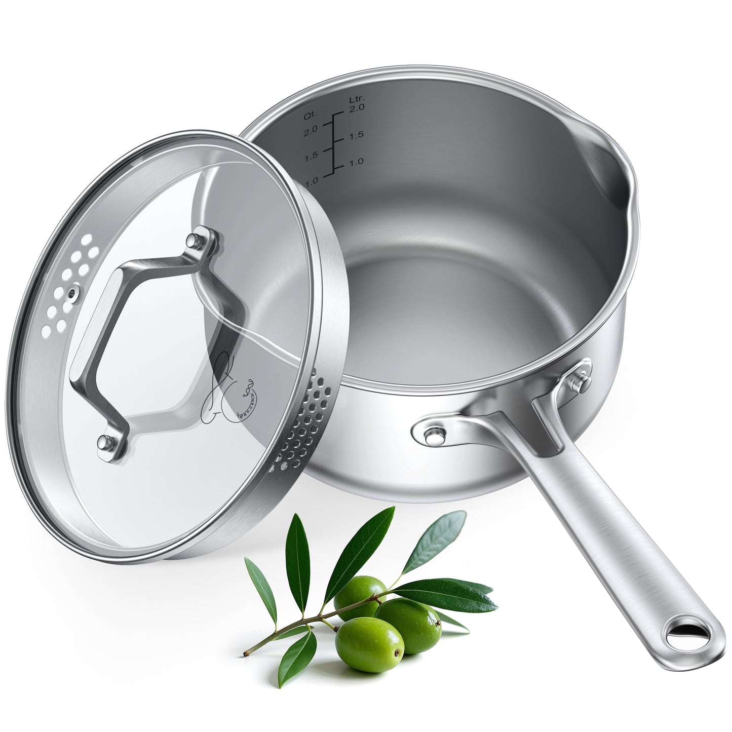 PekGema Stainless Steel Saucepan 2.5 Quart with Glass Strainer Lid, Tri-Ply Construction, Dual Pour Spouts, Measurement Marks, Stay-Cool Handle, Dishwasher & Oven Safe, All Cooktops Compatible