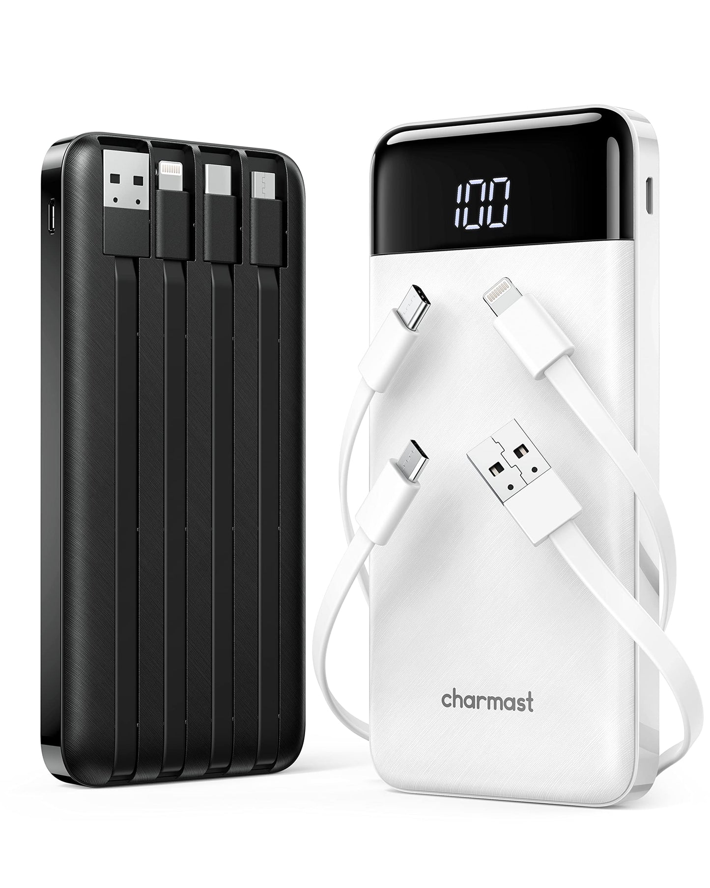 2 Packs Portable Chargers with Built in Cables, 2PCS Slim 10000mAh Travel Essentials Battery Pack 6 Outputs 3A Power Banks for iPhone Samsung Pixel LG Moto iPad
